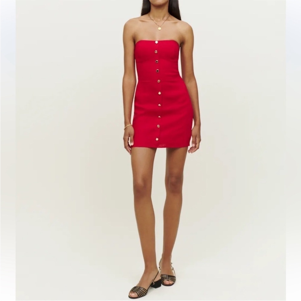 Reformation Strapless Red Button-Front Mini Dress